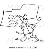 Vector of a Cartoon Patriotic Dog Standing on a Mound with a Flag - Coloring Page Outline by Toonaday