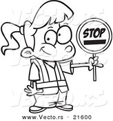 Vector of a Cartoon Patrol Girl Holding a Stop Sign - Outlined Coloring Page by Toonaday