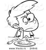 Vector of a Cartoon Picky Eater Boy Staring down Greens - Outlined Coloring Page by Toonaday