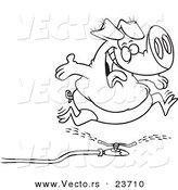 Vector of a Cartoon Pig Running Through a Sprinkler - Coloring Page Outline by Toonaday