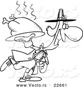 Vector of a Cartoon Pilgrim Carrying a Hot Turkey - Coloring Page Outline by Toonaday
