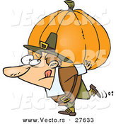 Vector of a Cartoon Pilgrim Man Carrying Heavy Pumpkin on His Back by Toonaday