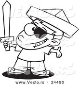 Vector of a Cartoon Pirate Boy with a Newspaper Hat and Sword - Outlined Coloring Page by Toonaday