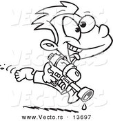 Vector of a Cartoon Playful Boy Running with a Water Gun - Coloring Page Outline by Toonaday