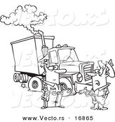Vector of a Cartoon Police Man Assisting a Trucker with a Broken down Rig - Coloring Page Outline by Toonaday