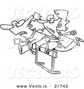 Vector of a Cartoon Racing Business Man and Woman Jumping over a Hurdle - Outlined Coloring Page by Toonaday