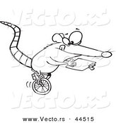 Vector of a Cartoon Rat Riding a Unicycle and Using a Computer Tablet - Coloring Page Outline by Toonaday