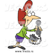 Vector of a Cartoon Red Haired White Businesswoman Holding a Desk Phone by Toonaday