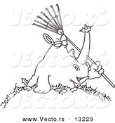 Vector of a Cartoon Rhino Holding a Rake in a Pile of Leaves - Coloring Page Outline by Toonaday