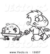 Vector of a Cartoon Rich Boy Pulling His Piggy Bank in a Wagon - Outlined Coloring Page by Toonaday