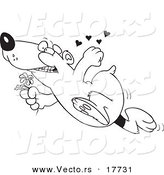 Vector of a Cartoon Romantic Bear Running with Flowers - Coloring Page Outline by Toonaday