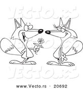 Vector of a Cartoon Romantic Fox Giving His Mate a Flower - Coloring Page Outline by Toonaday