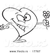 Vector of a Cartoon Romantic Heart Holding Flowers - Outlined Coloring Page by Toonaday