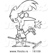 Vector of a Cartoon Sad Girl Raking Autumn Leaves - Outlined Coloring Page Drawing by Toonaday