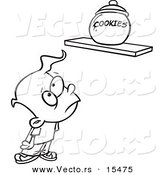 Vector of a Cartoon Sad Kid Staring at a Cookie Jar on a Shelf - Coloring Page Outline by Toonaday