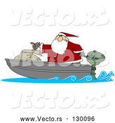 Vector of a Cartoon Santa Pointing Forward on Small Boad with Big Toy Sack by Djart