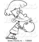 Vector of a Cartoon School Boy Holding out a Large Apple - Outlined Coloring Page Drawing by Toonaday