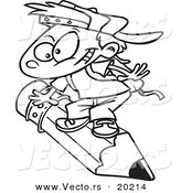 Vector of a Cartoon School Boy Riding a Pencil - Outlined Coloring Page by Toonaday