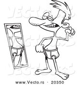 Vector of a Cartoon Scrawny Man Flexing by a Mirror - Coloring Page Outline by Toonaday