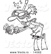 Vector of a Cartoon Scuba Man Taking Underwater Pictures - Coloring Page Outline by Toonaday