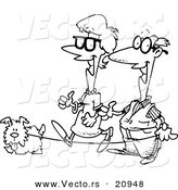Vector of a Cartoon Senior Couple Walking Their Dog - Coloring Page Outline by Toonaday