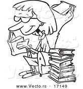 Vector of a Cartoon Senior Woman Reading Books - Coloring Page Outline by Toonaday