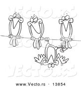 Vector of a Cartoon Silly Bird Hanging Upside down on a Wire by His Friends - Coloring Page Outline by Toonaday