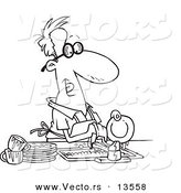 Vector of a Cartoon Stay at Home Dad Washing the Dirty Dishes - Coloring Page Outline by Toonaday
