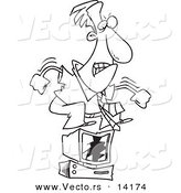 Vector of a Cartoon Stressed Businessman Jumping on His Computer - Coloring Page Outline by Toonaday