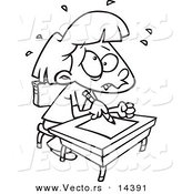 Vector of a Cartoon Stressed School Girl Taking a Test - Coloring Page Outline by Toonaday