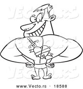 Vector of a Cartoon Strong Man Showing off the Heart Tattoo on His Back - Outlined Coloring Page by Toonaday