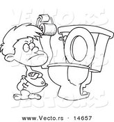 Vector of a Cartoon Stubborn Toddler Standing by a Toilet with His Arms Folded - Coloring Page Outline by Toonaday