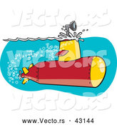 Vector of a Cartoon Submarine with Scope Above Ocean Water Surface by Toonaday