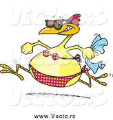 Vector of a Cartoon Summer Chicken Running in a Bikini and Sunglasses on a Beach by Toonaday
