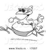 Vector of a Cartoon Summer Chicken Running in a Bikini on a Beach - Coloring Page Outline by Toonaday