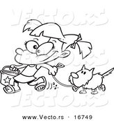 Vector of a Cartoon Summer Girl Walking Her Dog on the Beach - Coloring Page Outline by Toonaday