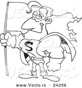 Vector of a Cartoon Super Guy Holding a Flag - Coloring Page Outline by Toonaday