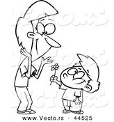 Vector of a Cartoon Sweet Boy Giving Mom a Flower - Coloring Page Outline by Toonaday