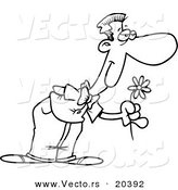 Vector of a Cartoon Sweet Man Holding out a Flower - Coloring Page Outline by Toonaday