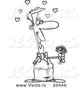 Vector of a Cartoon Sweet Man Holding out Flowers - Coloring Page Outline by Toonaday
