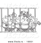 Vector of a Cartoon Team of Hockey Players Behind Bars - Coloring Page Outline by Toonaday