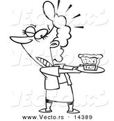 Vector of a Cartoon Tempted Woman Holding a Slice of Cake on a Plate - Coloring Page Outline by Toonaday