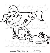 Vector of a Cartoon Terrible Two Year Old Girl Dragging Her Teddy Bear - Coloring Page Outline by Toonaday