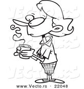 Vector of a Cartoon Thinking Woman Holding Coffee - Outlined Coloring Page by Toonaday