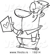 Vector of a Cartoon Touched Dad Holding a Father's Day Card - Outlined Coloring Page by Toonaday