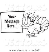 Vector of a Cartoon Turkey Bird Holding a Sign with Sample Text - Coloring Page Outline by Toonaday