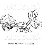Vector of a Cartoon Two Mules Pulling a Wagon Full of Rocks - Coloring Page Outline by Toonaday