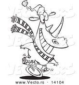 Vector of a Cartoon Unicycling Christmas Rhino - Coloring Page Outline by Toonaday
