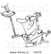 Vector of a Cartoon Unproductive Businessman Balancing a Book and Stapler on a Ruler - Coloring Page Outline by Toonaday