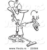 Vector of a Cartoon Vacuuming Woman Holding a Stinky Shoe - Coloring Page Outline by Toonaday